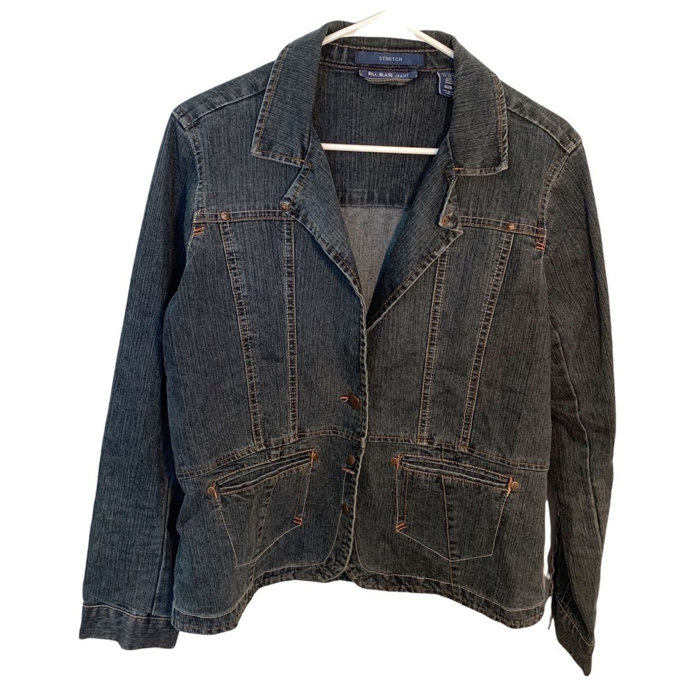 Bill Blass Jeans Women's Sz Medium Jean Jacket Dark Wash Snap Up Pockets Stretch